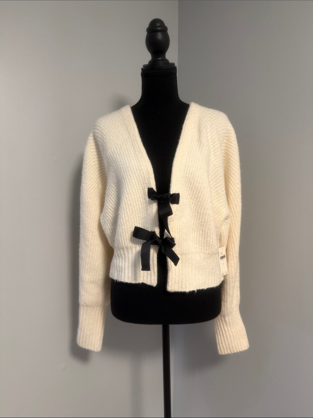 Anthropologie Cream Ribbed Cardigan with Black Bow Closures